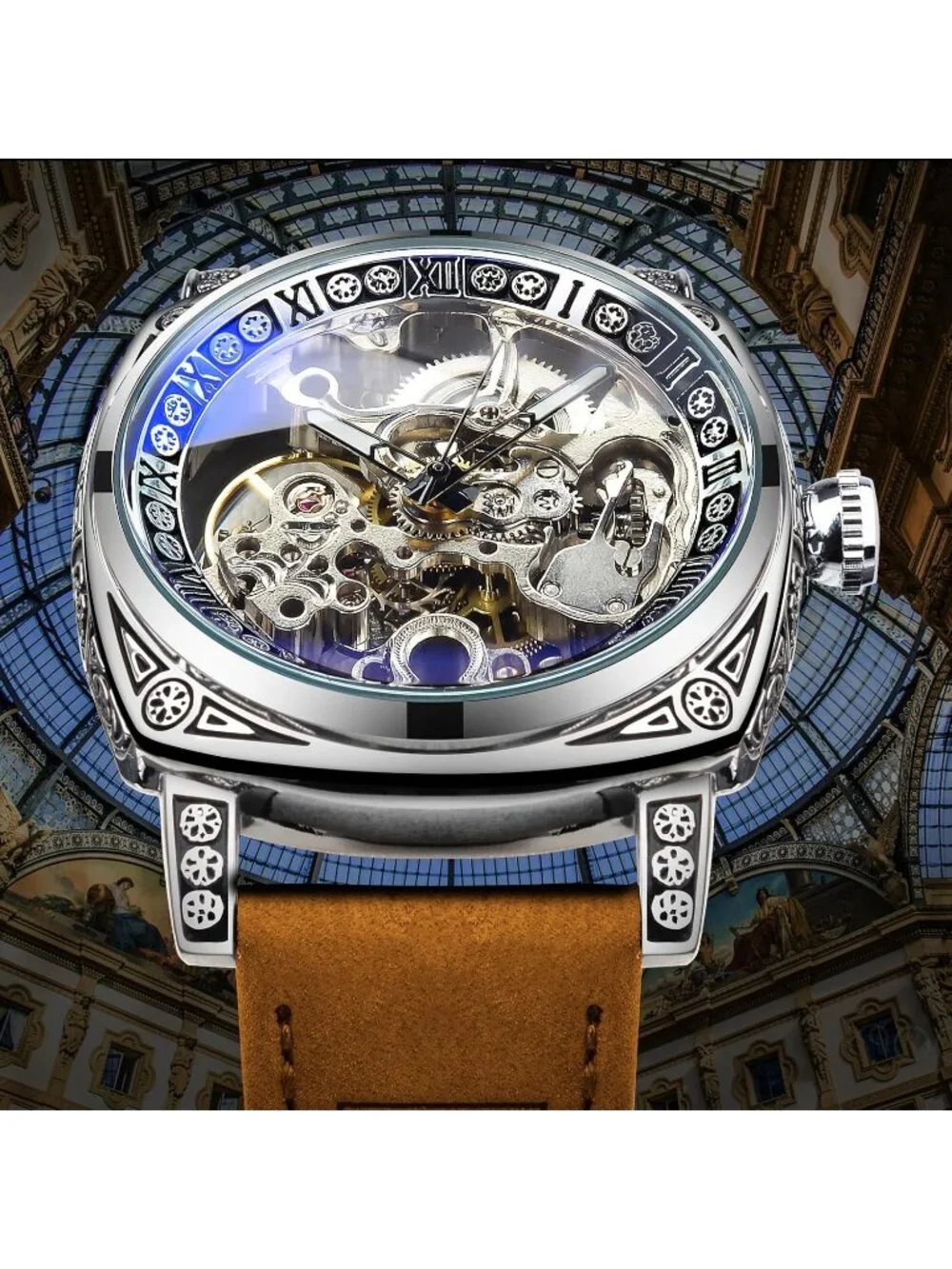Men's Silver Brown Mechanical Leather Strap Self-Wind Carved Automatic Watch